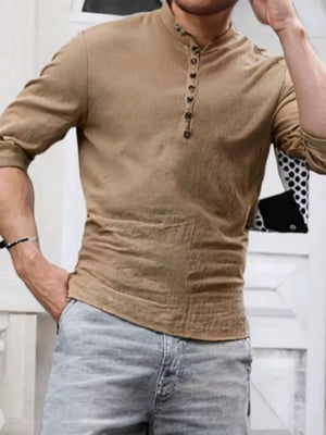 button-up shirt in tan featuring buttoned and regular fit
