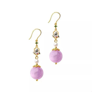 Elegant purple pearl drop earrings with ornate gold details and gemstone accents.