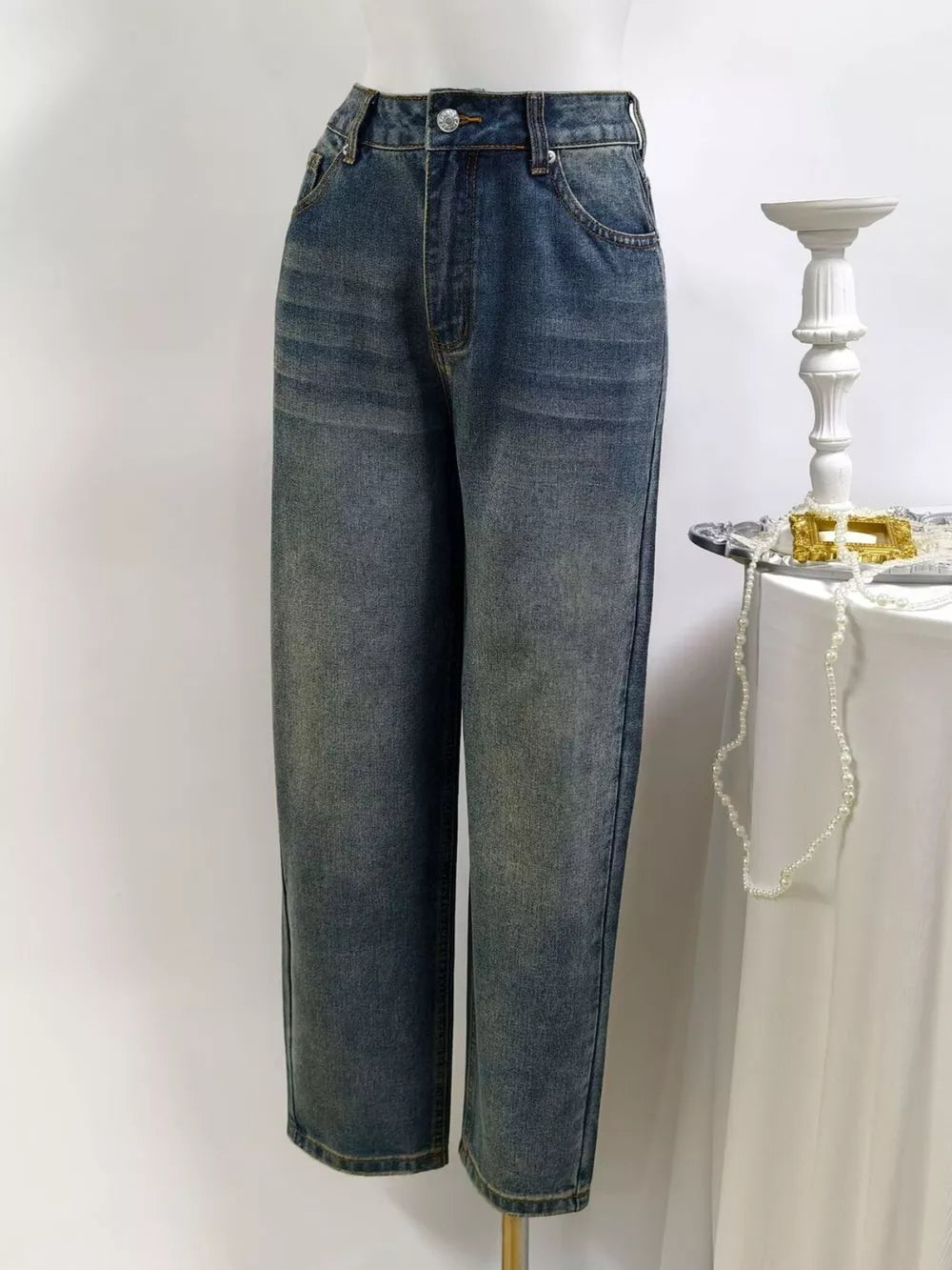 95% polyester, 5% elastane Care instructions: Machine wash cold straight jeans in dark wash blue with straight silhouette