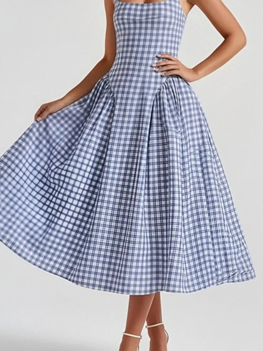 Plaid square neck midi dress in light blue with a-line skirt and gathered waist.