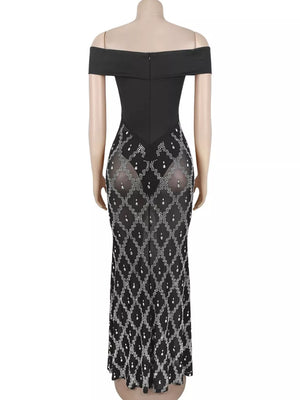 Black bodycon maxi dress with off-shoulder
