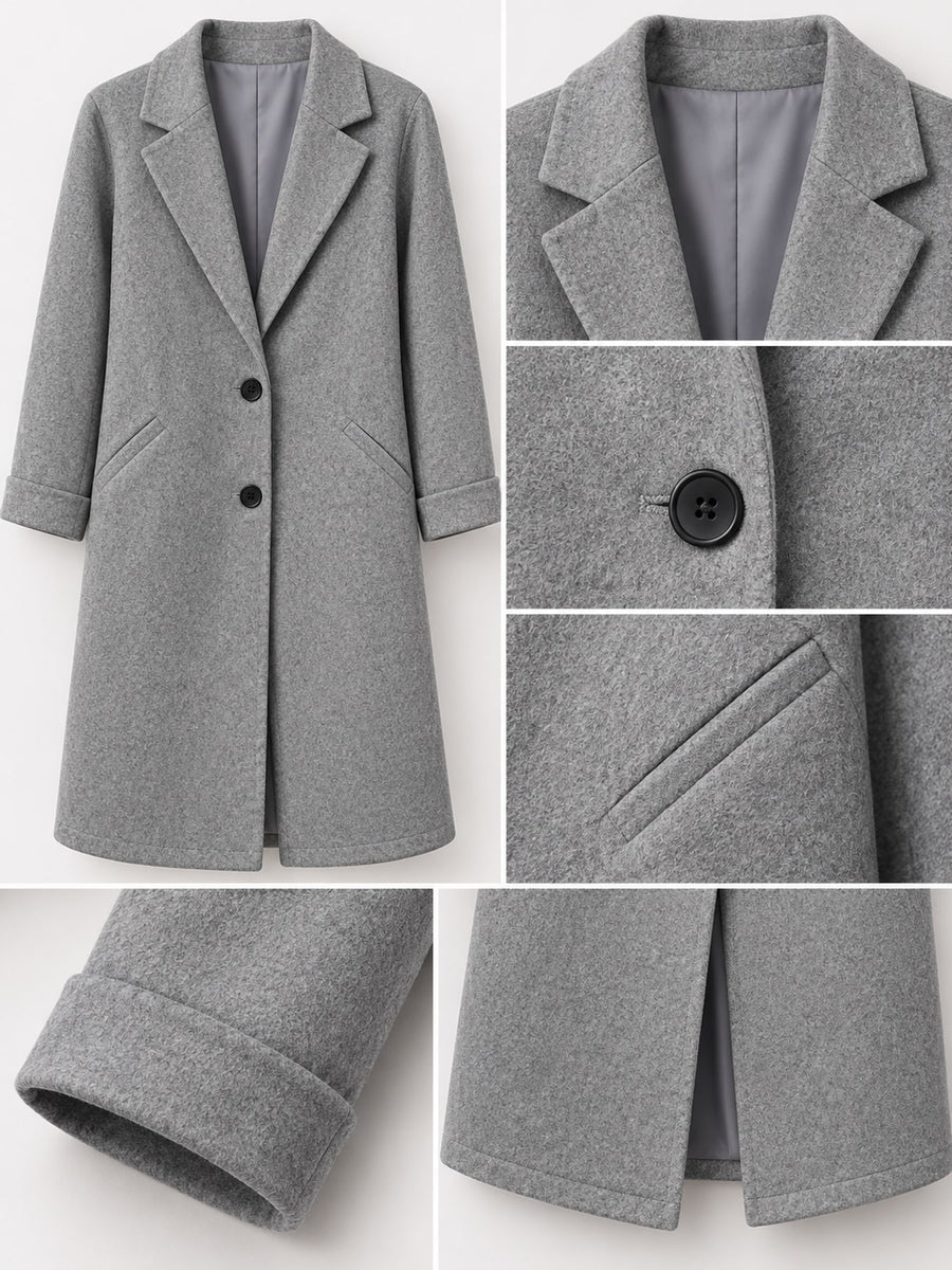 overcoat in black with buttoned and thigh-length