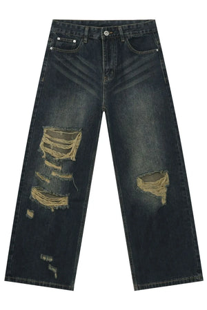 Distressed wide-leg dark wash denim jeans with knee tears and whiskering detail.