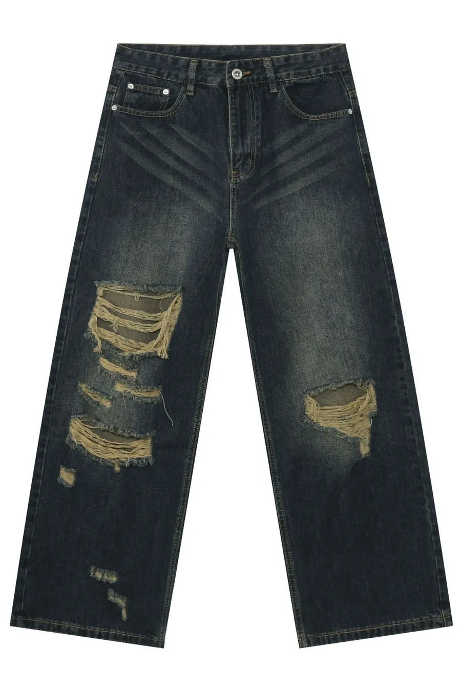 Distressed wide-leg dark wash denim jeans with knee tears and whiskering detail.