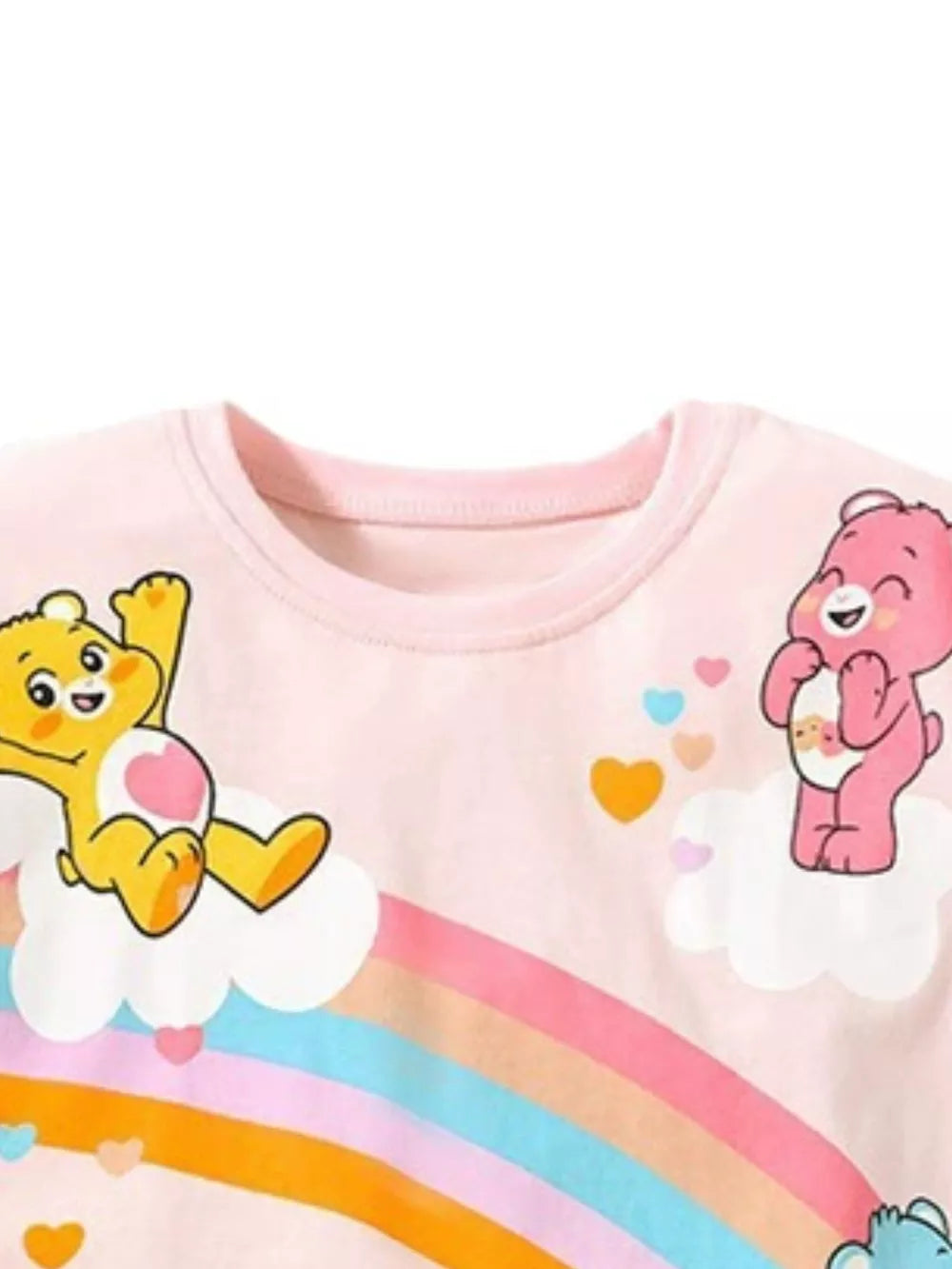 Care Bears rainbow graphic toddler t-shirt in pink cotton with crew neck.
