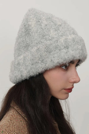 Gray textured bouclé knit beanie with a folded brim.
