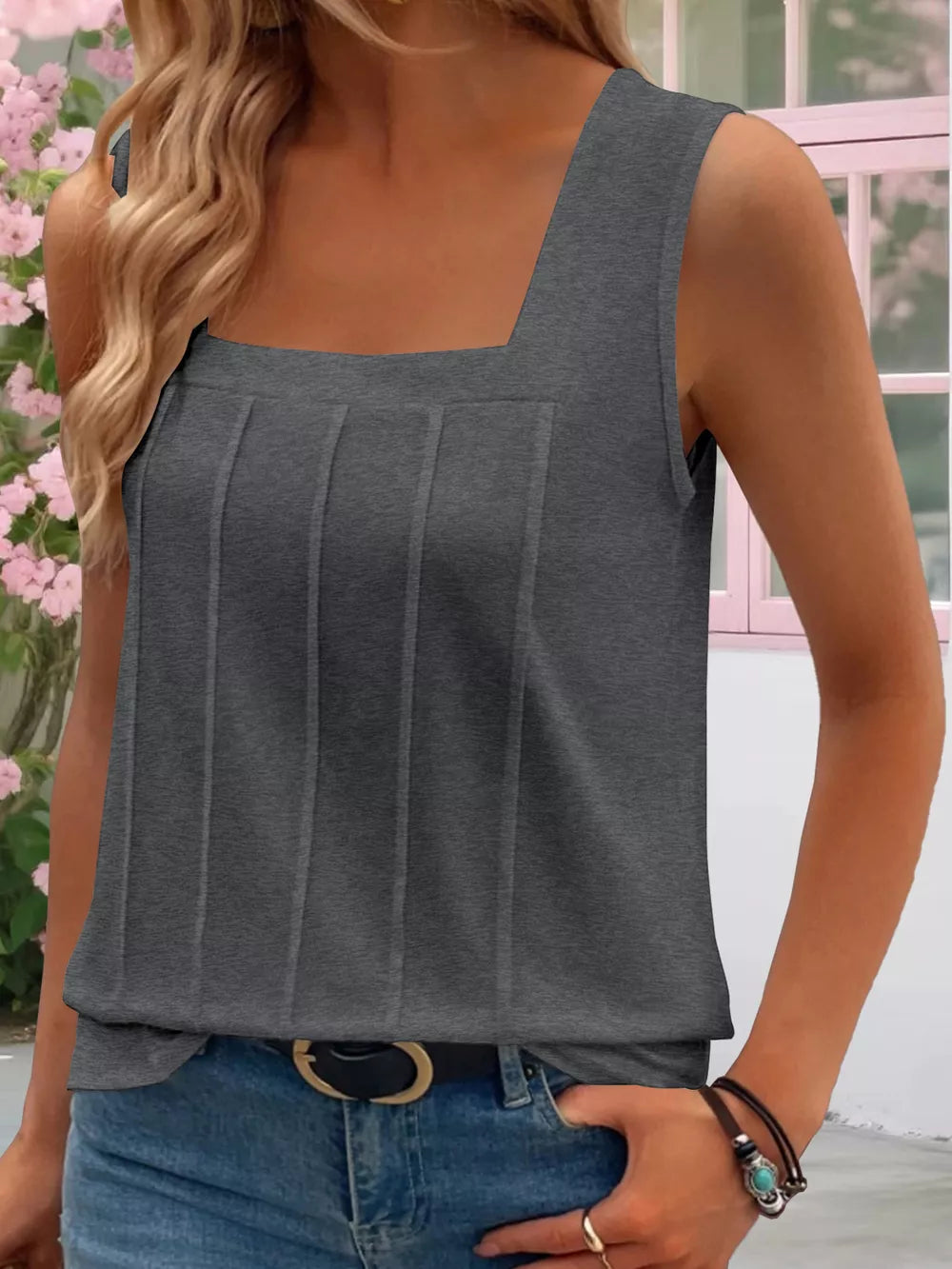 Dark gray tank top with square neck and vertical pintuck details.
