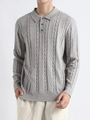 Floral Gray pullover sweater with half-button and cable knit
