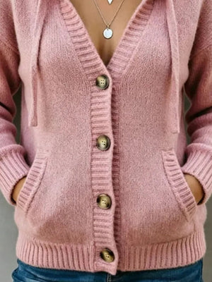 Hooded Button-Down Knit Cardigan With Pockets in White with hooded