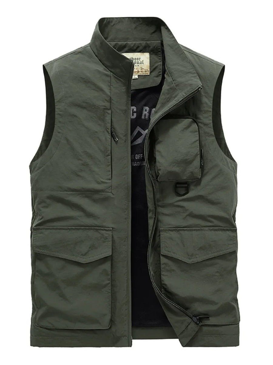 Men's plus size sage multi-pocket vest with zip closure and stand collar.