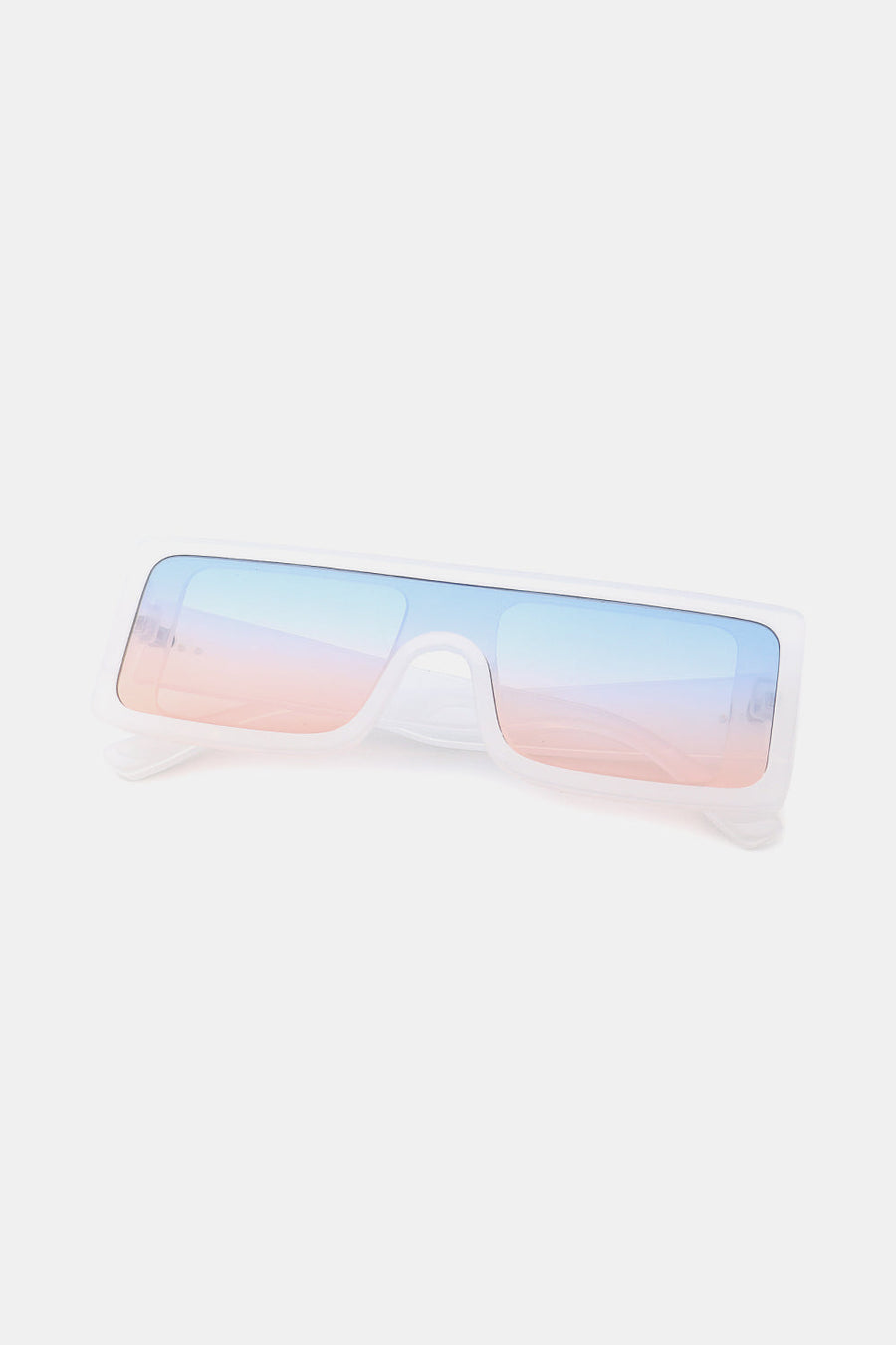 Sunset gradient rectangular sunglasses with white frames and blue to pink lenses.