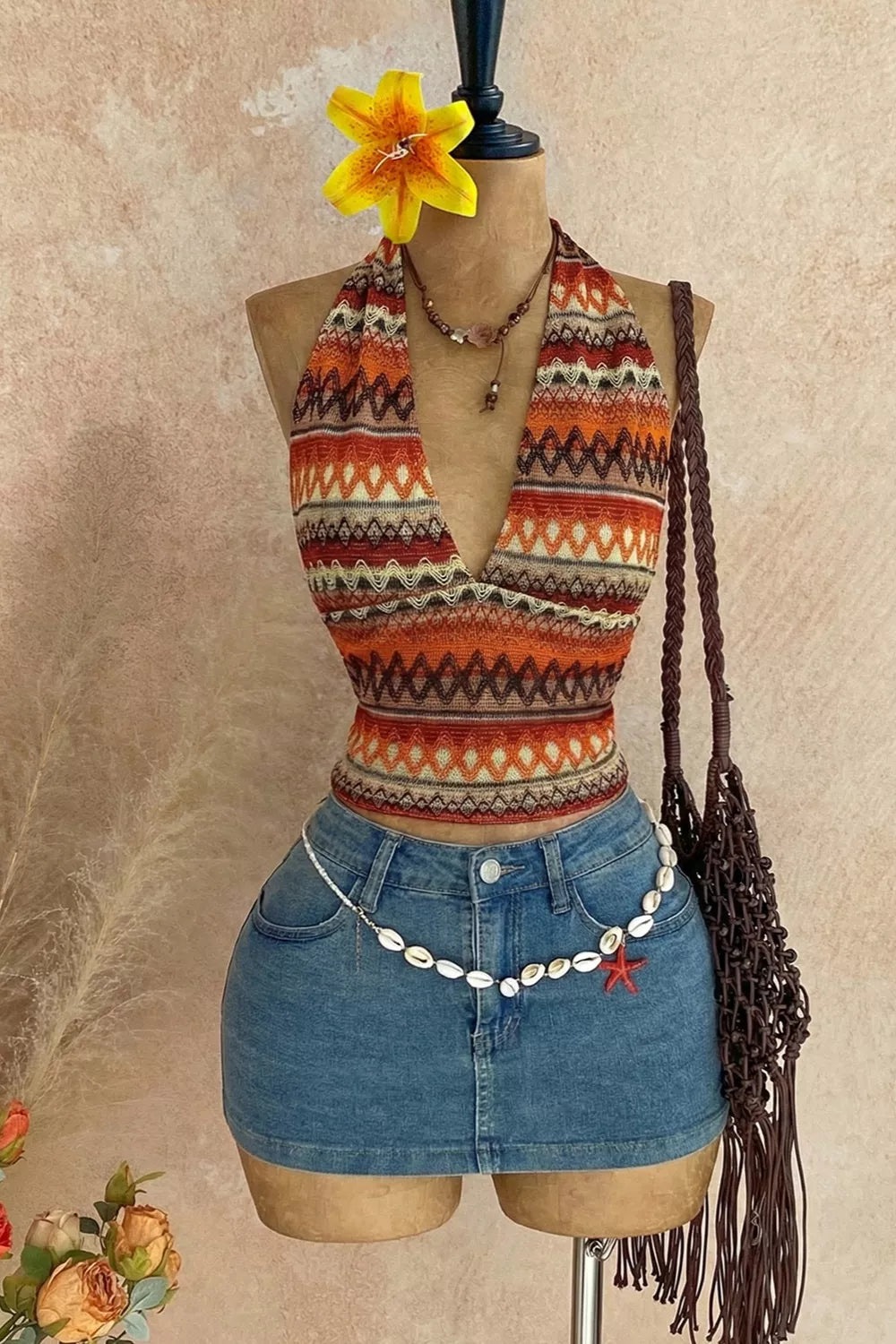 Multicolor Ethnic Print Halter Neck Cami