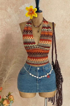 Multicolor Ethnic Print Halter Neck Cami