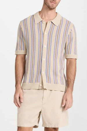 Textured stripe knit polo shirt in tan with blue and brown stripes, short sleeves, and button front.