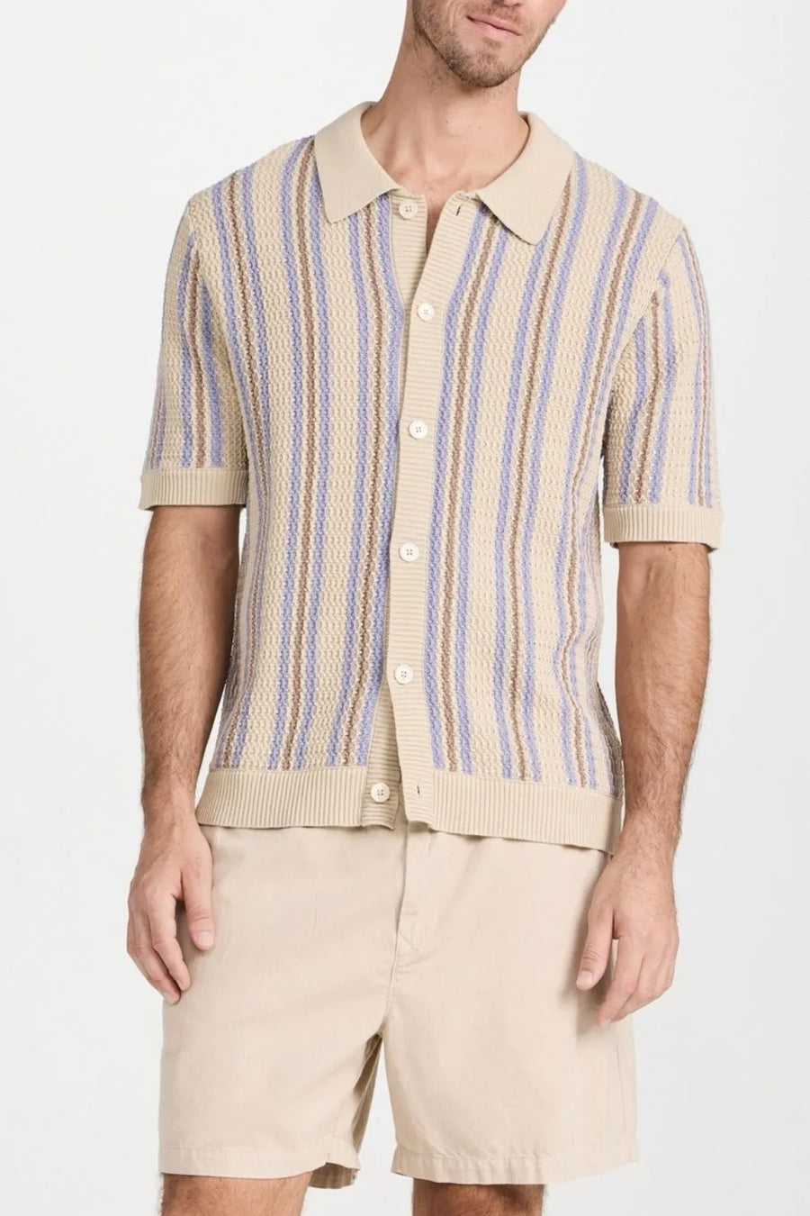 Textured stripe knit polo shirt in tan with blue and brown stripes, short sleeves, and button front.