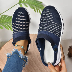 Dark Navy breathable knit sport clogs with white soles and a heel strap.