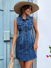 Fitted denim button-down mini dress in medium wash with button details and a collar.