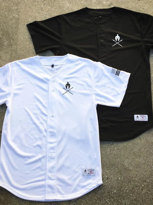 White and black baseball jerseys with graphic detail and button front.