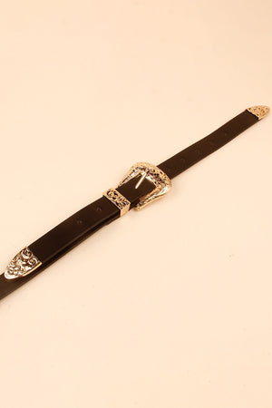 Black leather belt with ornate silver double buckle and tip detail.