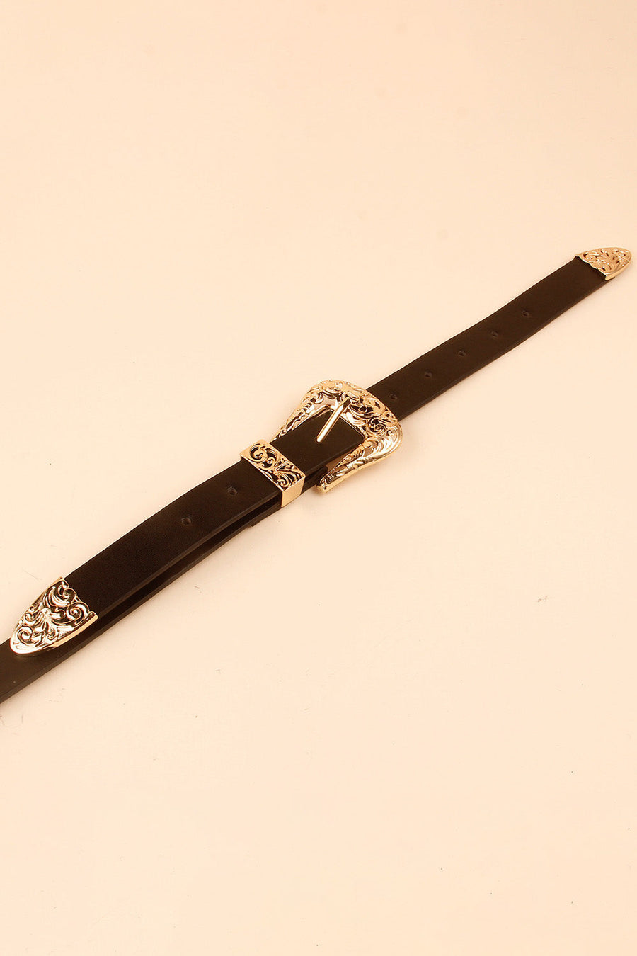 Black leather belt with ornate silver double buckle and tip detail.