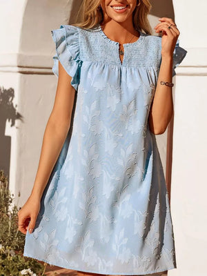 Sky blue floral embossed mini dress with smocked bodice and ruffled sleeves.