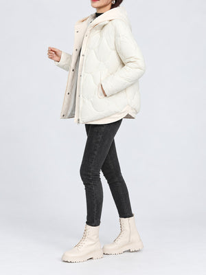Red quilted jacket with hip-length and zip-front, snap
