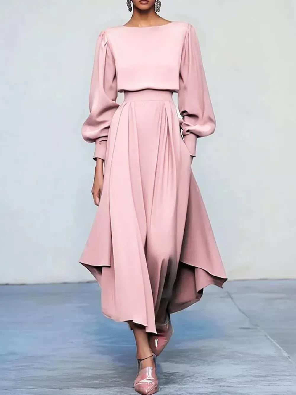 midi dress in blush pink featuring pleated and A-line fit