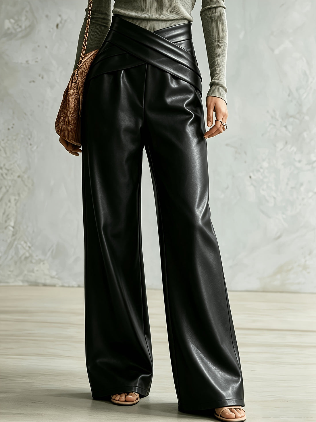 Army Green wide-leg pants with full-length and side-zip