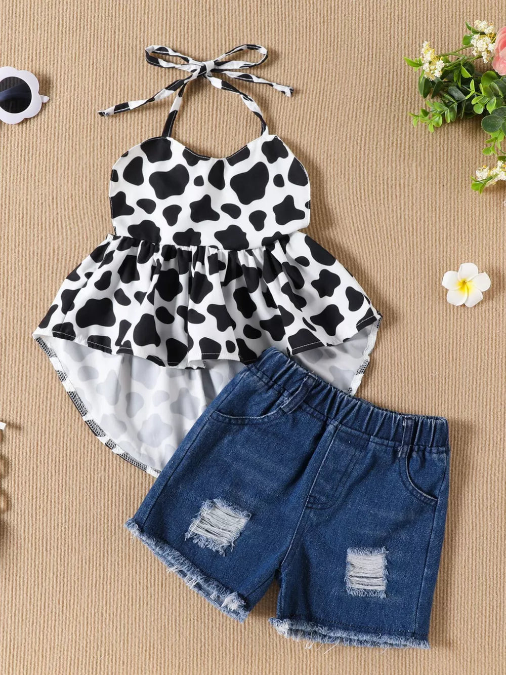Pink Children's Halter Neck Cami And Denim Shorts Set
