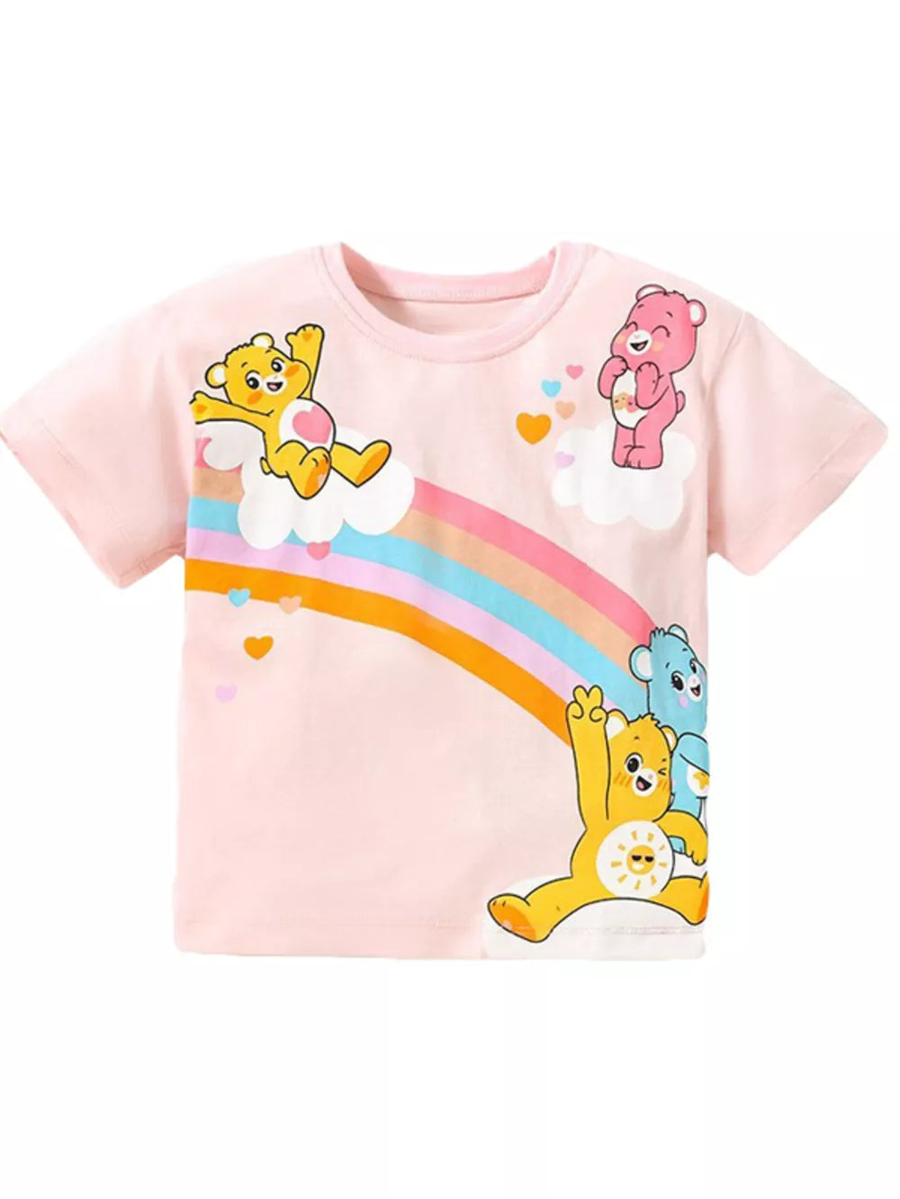 Pink cotton t-shirt with Care Bears rainbow graphic, short sleeves, crew neck.