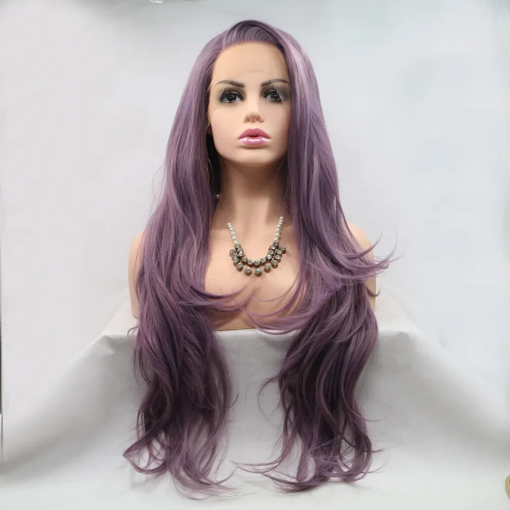 Lavender ombre lace front wig with flowing layers and a natural hairline.