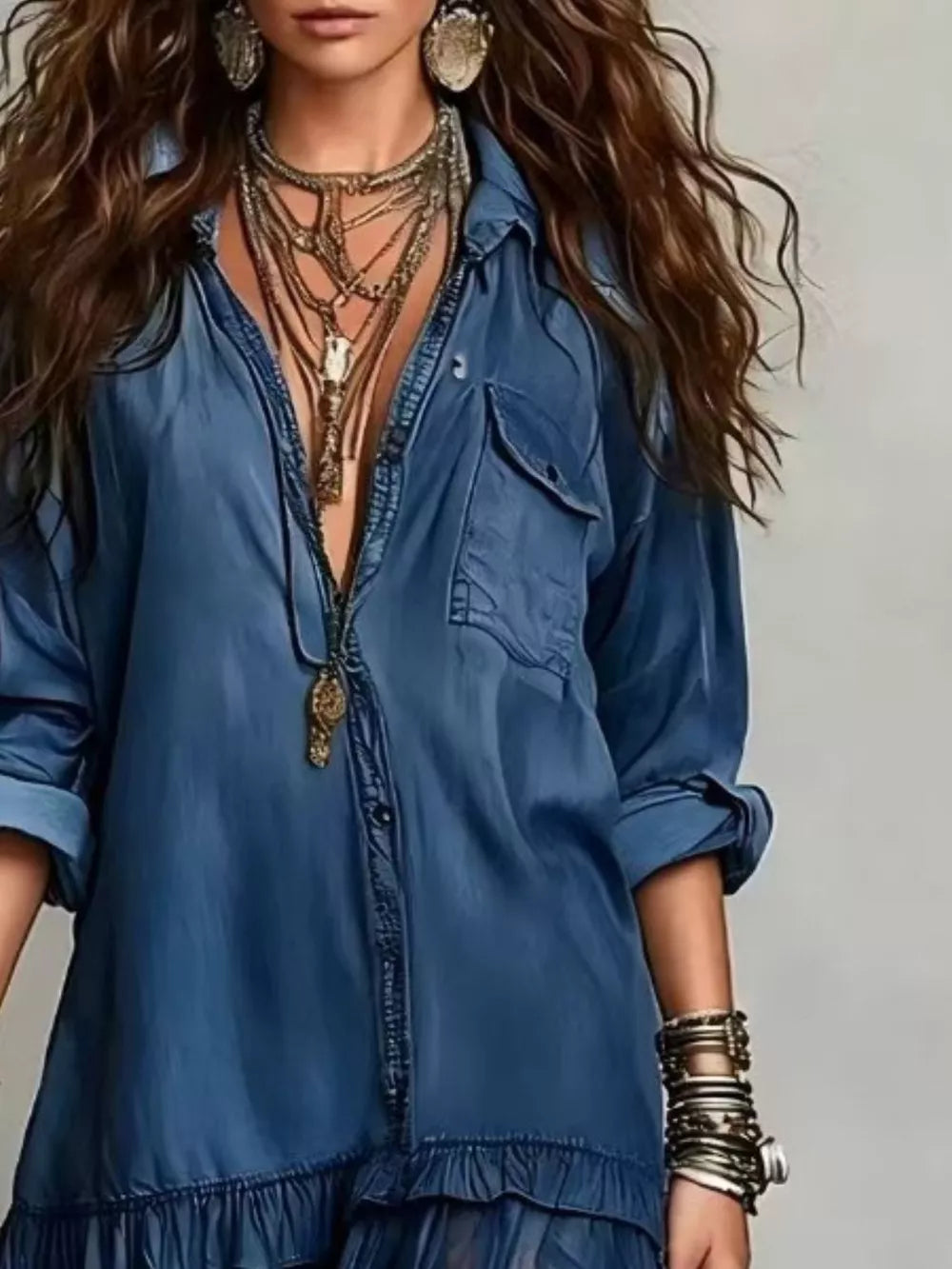 bohemian shirt dress in Light Gray with collared