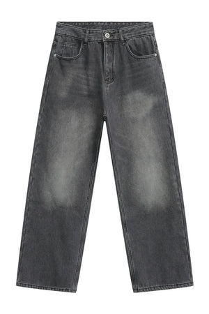 Faded dark gray cotton denim jeans with a wide-leg silhouette and a casual, basic style.