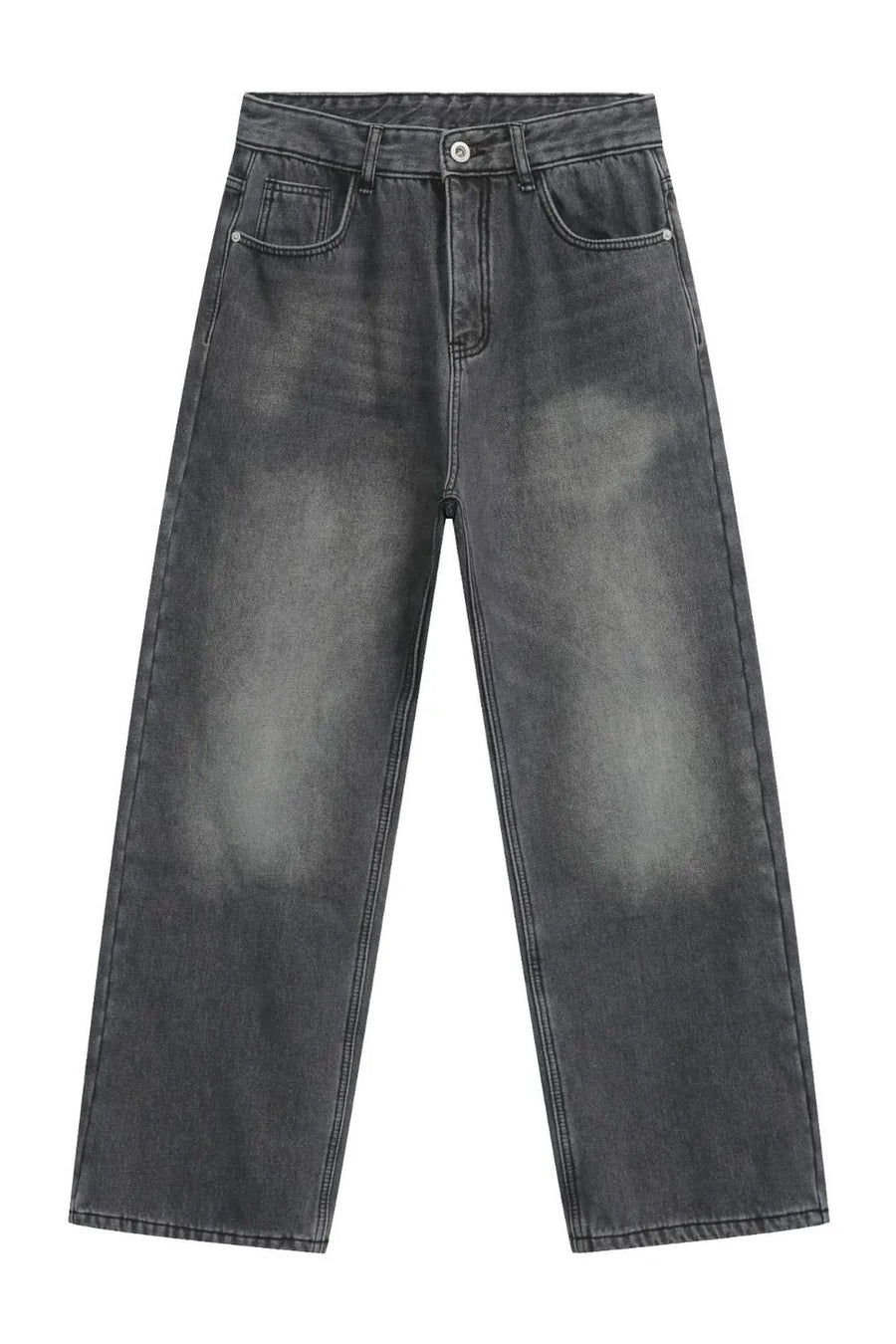 Faded dark gray cotton denim jeans with a wide-leg silhouette and a casual, basic style.
