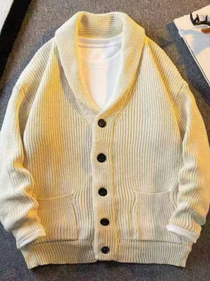 Beige ribbed knit cardigan with shawl collar and button front, styled over a white tee.