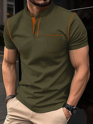 Army green polo shirt with contrast stitching, mandarin collar, and chest pocket.