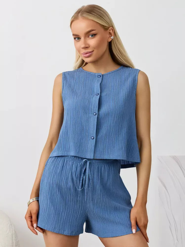 Blue textured cotton tank and shorts set with button front and drawstring waist