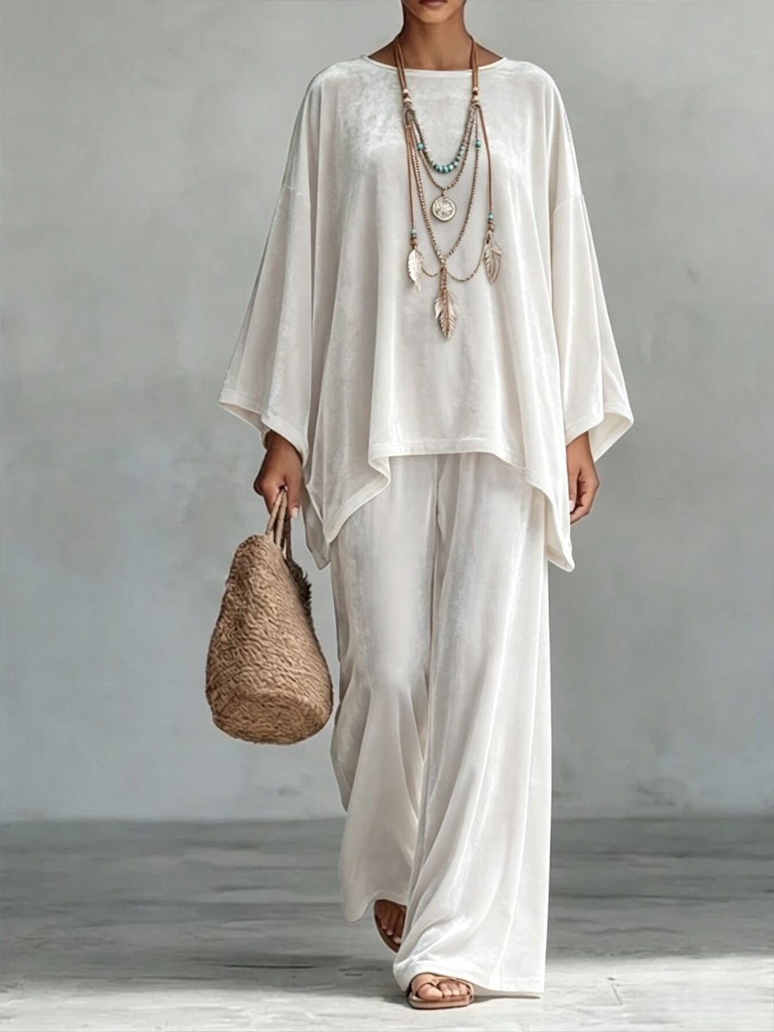 two-piece set in cream featuring oversized and loose fit