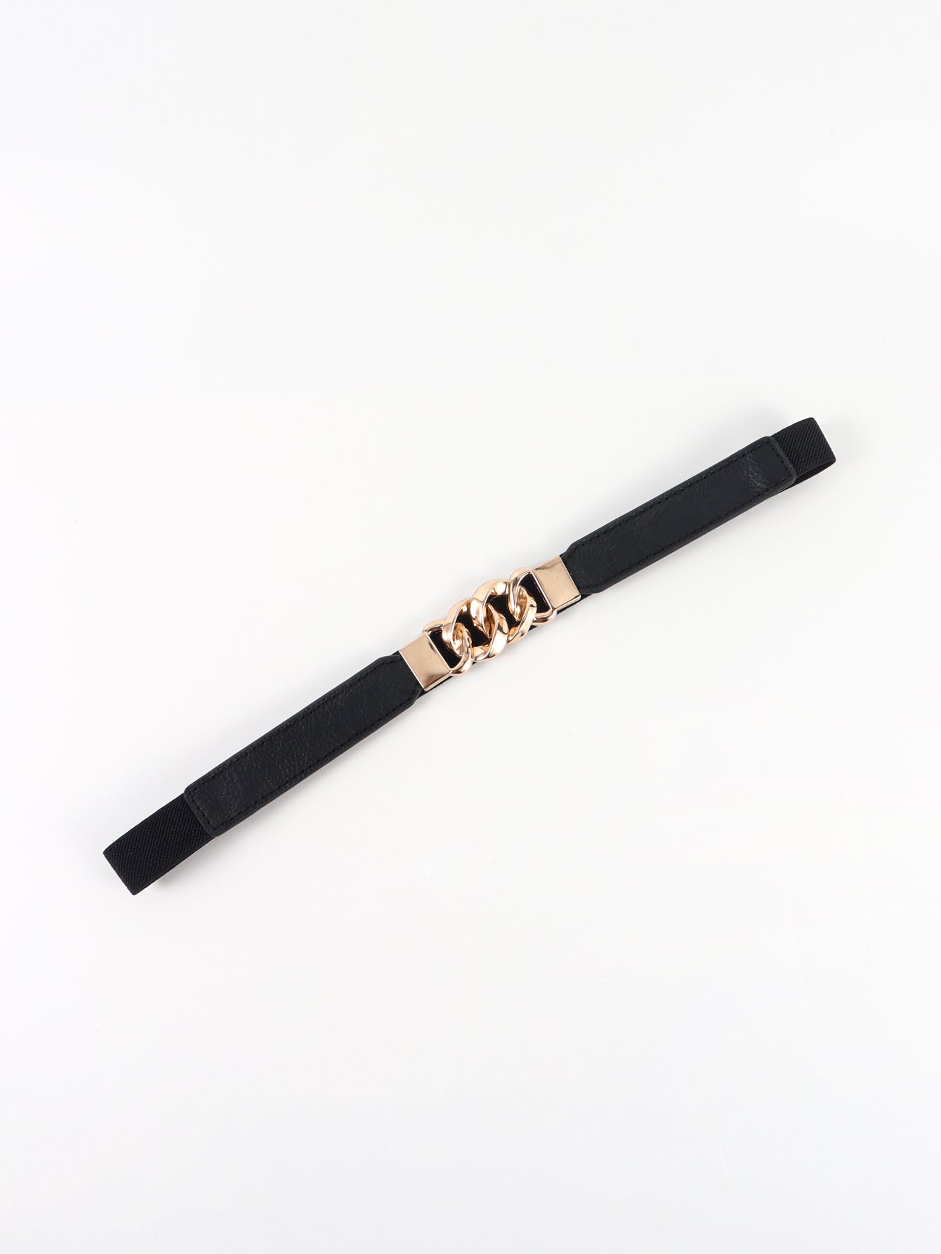Black faux leather belt with gold chain detail and elastic back.