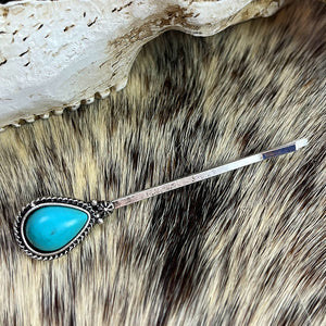 Turquoise blossom hair pin with silver alloy setting and boho style.