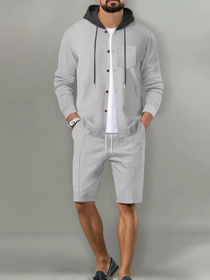 Grey with Men's Casual Hooded Button-up Shirt And Shorts Set in Grey