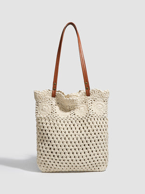 Apricot tote featuring crochet knit and geometric