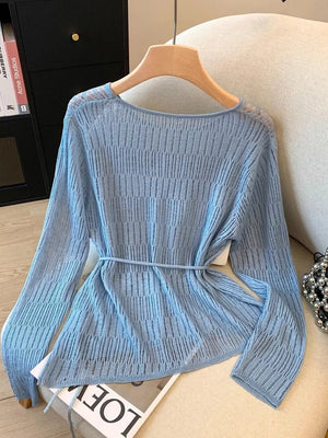 Long Sleeve Knit Top With Tie Detail in Pink Purple, view 11