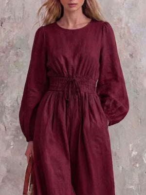 bohemian jumpsuit in Wine Red with round neck