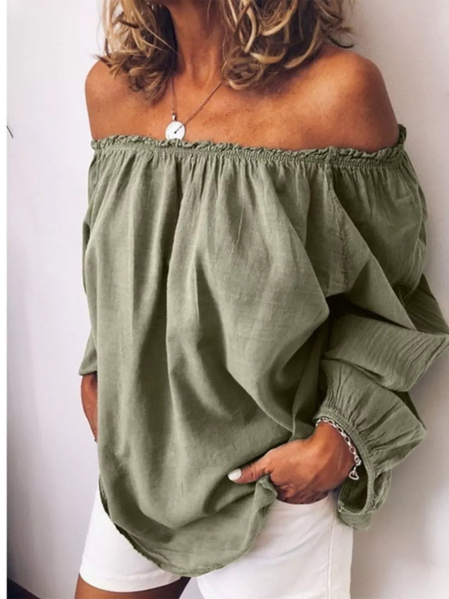Army green off-the-shoulder shirt with gathered neckline and frill detail.