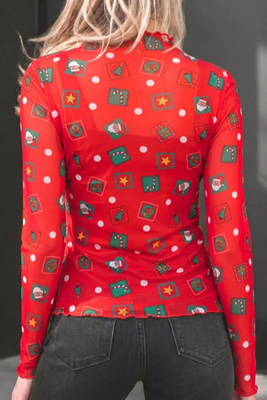 Abstract Print Long Sleeve Stand Neck Sheath Blouse in Scarlet
