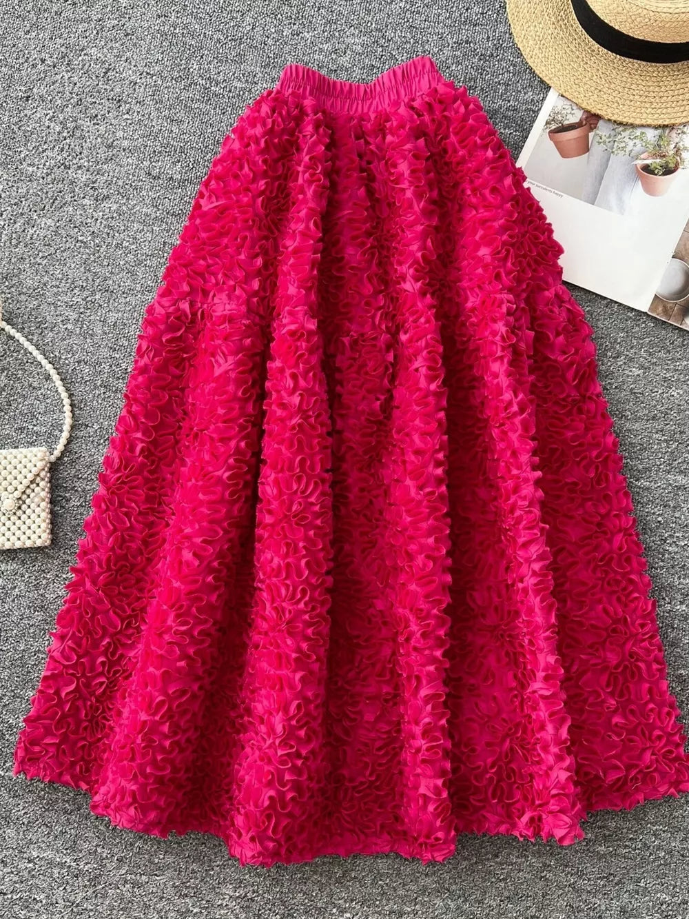 Apricot Elegant 3d Lace Trim High-waist Midi Skirt