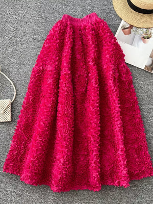 Apricot Elegant 3d Lace Trim High-waist Midi Skirt