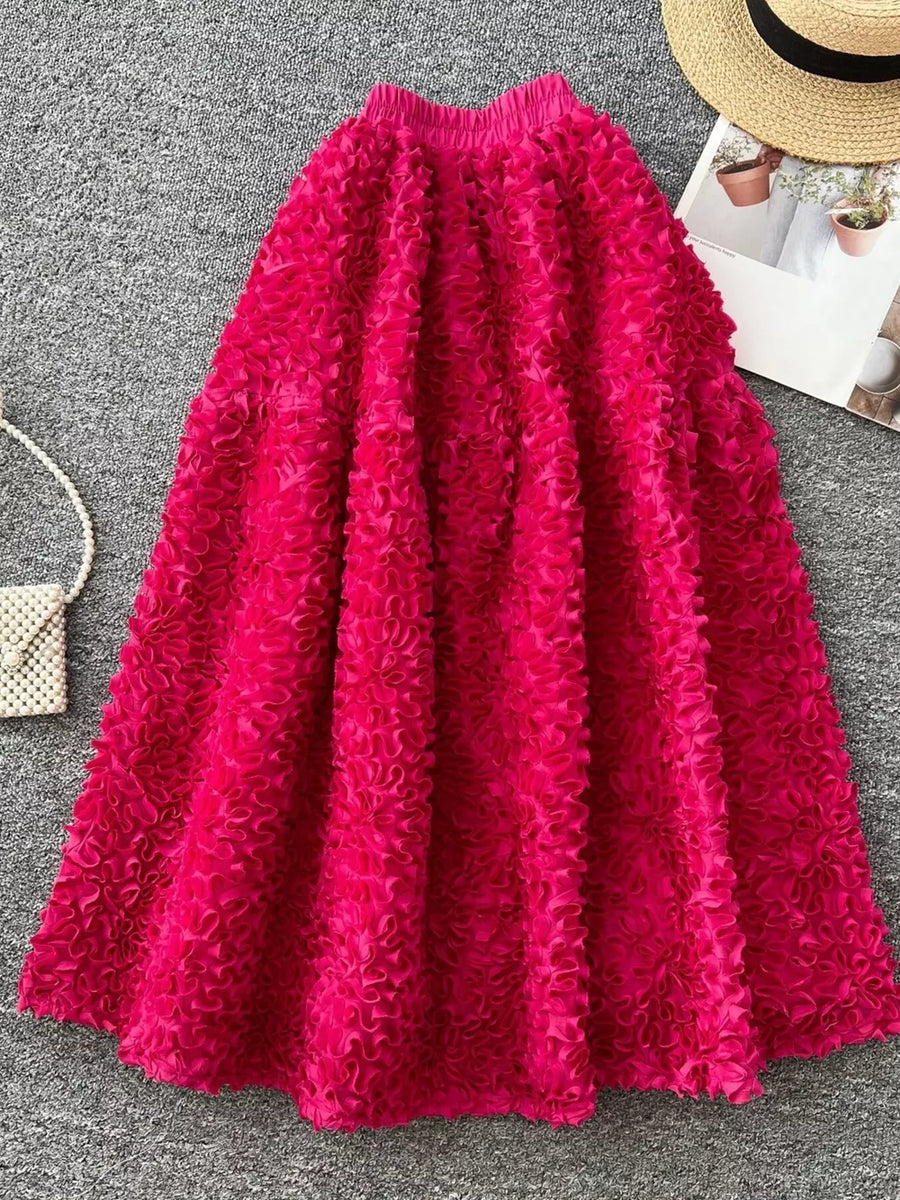Apricot Elegant 3d Lace Trim High-waist Midi Skirt