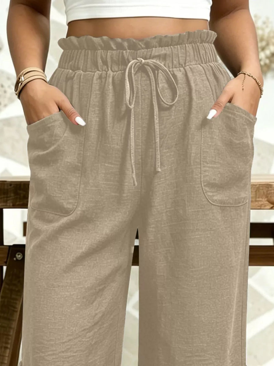 High-waisted Drawstring Capris in Sky Blue with drawstring waist